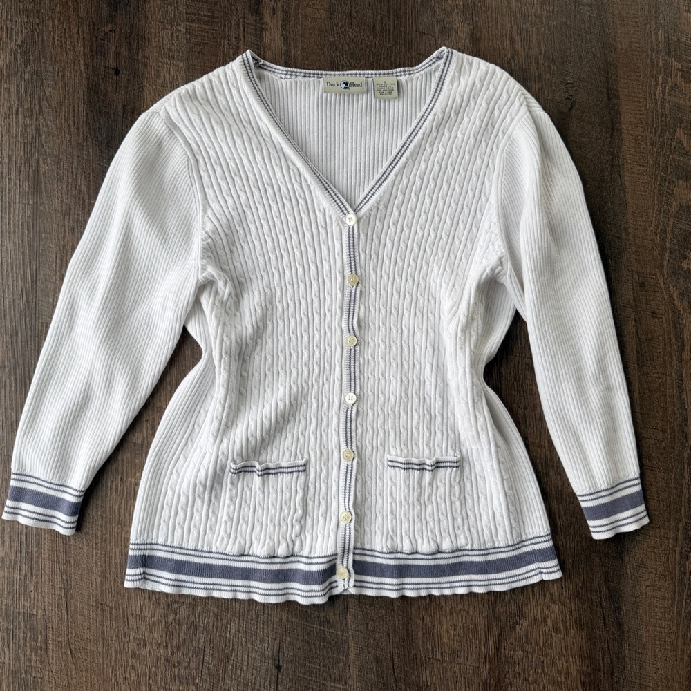 Vintage Duck Head Cable Knit Cardigan Small Cream Preppy Tennis Sweater Cotton